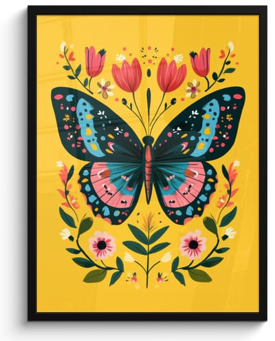 Poster in lijst - Fotolijst 50x70 cm - Posters - Bloemen - Kleurrijk - Vlinder - Sierlijk - Posterlijst zwart - Decoratie - Wanddecoratie woonkamer - Muurdecoratie slaapkamer