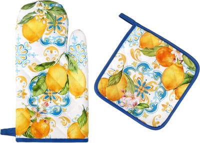 Ovenwanten en Pannenlappen Sets 2 stuks, 100% Katoen Hittebestendig, Extra Lange Oven Handschoenen Pannenlap voor Keuken Koken Bakken Decoratie