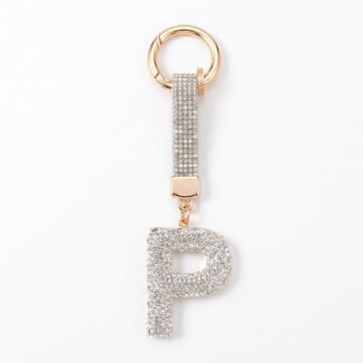 Zilverkleurige sleutelhanger met letter P en strass steentjes – initial sleutelhanger voor dames en heren – metalen sleutel hanger met ronde ring en decoratieve letter hanger
