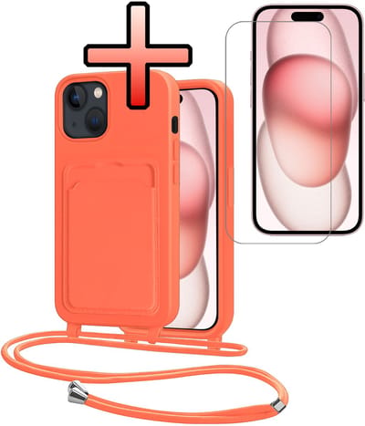 Hoes Geschikt voor iPhone 15 Plus Hoesje Pasjeshouder Cover Met Koord Case Siliconen Hoes Met Telefoonkoord en Kaarthouder Met Screenprotector - Papaya