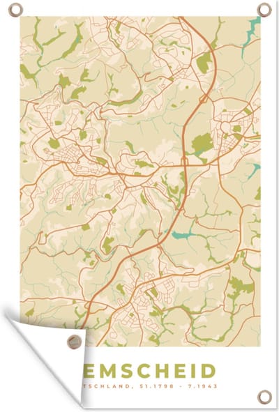 Muurdecoratie Stadskaart - Remscheid - vintage - Kaart - Plattegrond - 120x180 cm - Tuinposter - Tuindoek