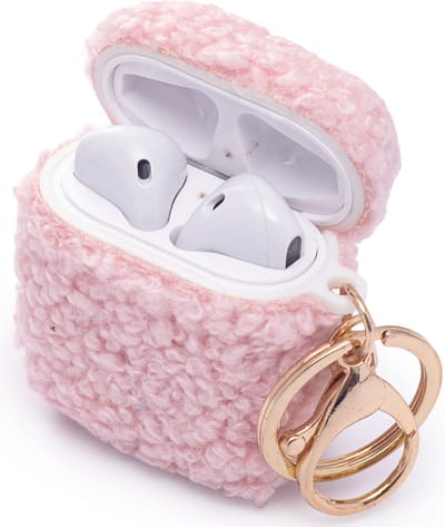 Casemania Hoesje Geschikt voor Apple AirPods 1 & 2 - Roze - Schokbestendig Teddy Furr Cover met Ring & Sleutelhanger