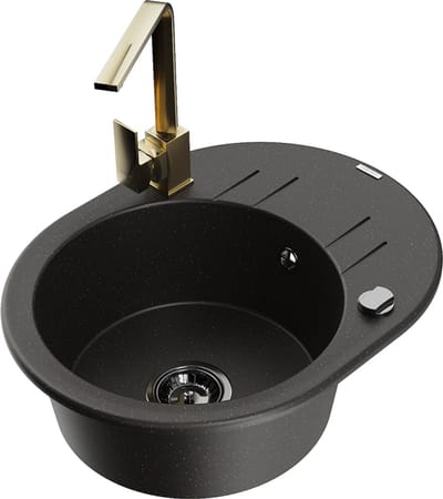 Mexen Kevin granieten gootsteen 1-komorige met druiprek en keukenmengkraan Rita, zwart/goud metallic - 6517-75-670300-50-B
