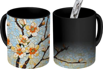 Magische Mok - Foto op Warmte Mokken - Koffiemok - Bloesems - Wit - Mozaïek - Tak - Magic Mok - Beker - 350 ML - Theemok