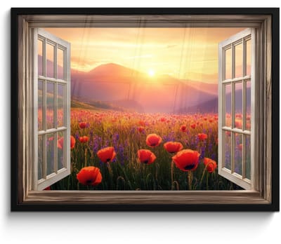 Poster in lijst - Fotolijst 70x50 cm - Posters - Doorkijk - Klaprozen - Bloemen - Rood - Open raam - Posterlijst zwart - Decoratie - Wanddecoratie woonkamer - Muurdecoratie slaapkamer
