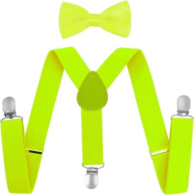 Fako Fashion - Kinder Bretels Met Vlinderstrik - Kinderbretels - Vlinderdas - Strik - Effen - 65cm - Fluo Geel
