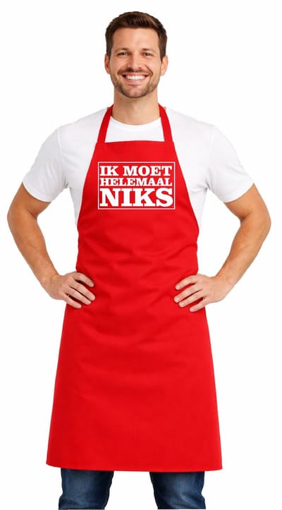 Basics - Horecaschort - Unisex Schort - Actieschort - Keukenschort - Catering - Kookschort - Halterschort - 65 x 90 cm - 100% katoen - Ik moet helemaal niks - rood