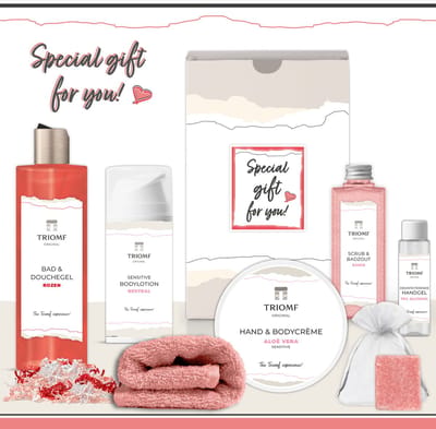 Geschenkset “Special Gift for You!” - 7 producten - 850 gram | Triomf Original - Cadeau Vrouw - Cadeau Speciaal voor jou - Luxe wellness cadeaubox - Cadeaupakket Vrouw Vriendin - Geschenk Set Verjaardag Valentijn Moederdag Kerst Pakket Roze Rood