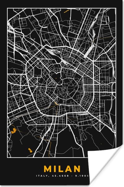 Poster Kaart - Milaan - Plattegrond - Goud - Stadskaart - 120x180 cm XXL