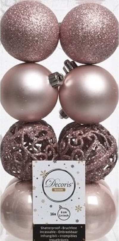 Decoris Kerstballen - 16x st - lichtroze - D6 cm - kunststof - kerstversiering