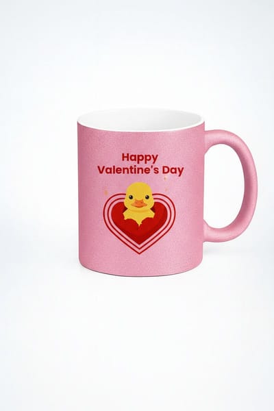 Valentijn Mok Roze Glitter met Schattig Eendje in Hart - Happy Valentine's Day Cadeau