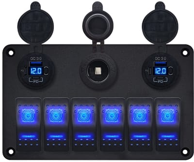 ProRide Schakelpaneel 12V voor Auto/Boot - USB C Stopcontact 6 Poorten met Schakelaar/Voltmeter - QC3.0 - 6 schakelaars + 12V/24V stopcontact - Blauw