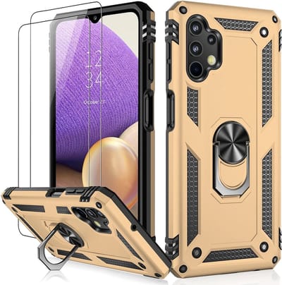 Hoesje Geschikt Voor Samsung Galaxy A13 4G Hoesje Hybrid Armor case Goud - Hoesje Geschikt Voor Samsung Galaxy A13 4G hoesje kickstand Ring houder TPU backcover Anti-Shock hoesje - met screenprotector Galaxy A13 4G - 2 pack