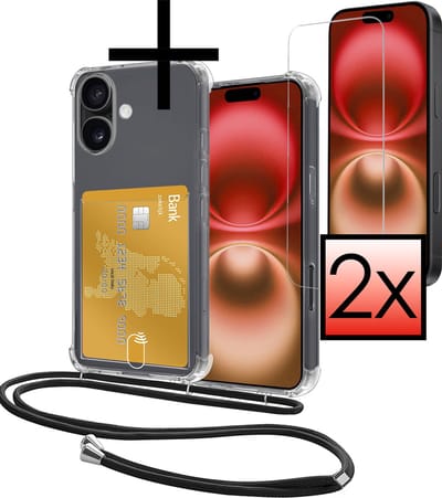 Hoes Geschikt voor Apple iPhone 16 Hoesje Pasjeshouder Cover Met Koord Shock Proof Case Siliconen Hoes Met Telefoonkoord en Kaarthouder Met 2x Screenprotector - Transparant