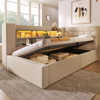 MODFU - Bedframe 90x200 cm – Met L-vormig hoofdbord (links/rechts), LED & hydraulisch – Beige linnen