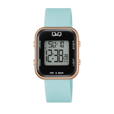 Q&Q M207J008Y - Horloge - Digitaal - Unisex - Siliconen band - Rechthoek - Kunststof - Datumaaanduiding - AM/PM - LED - Alarm - Tweede tijdzone - StopWatch - Backlight - Turkoois groen - Rosékleurig
