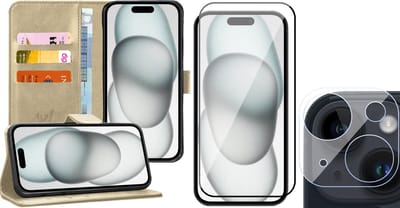 Hoesje geschikt voor iPhone 15 - Screenprotector FullGuard & Camera Lens Screen Protector - Book Case Kunstleer Pasjeshouder Goud