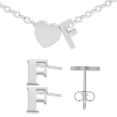 Initiaal Armband & Oorbellen set met Letter F Zilverkleurig - Stainless Steel - Met letter & Hartje! - 2x Sieraden Cadeau - Pax Amare