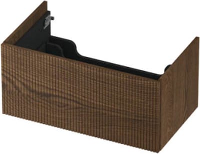 INK® wastafelonderkast 1 lade greeploos push to open echt hout met verticaal gefreesd front 80x45x38cm, massief eiken chocolate