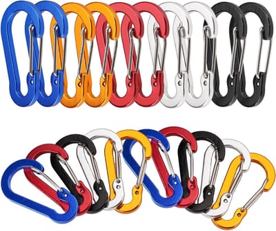20 Stuks Lichtgewicht Aluminium Carabiners 50mm D-Type Haakjes in 5 Kleuren voor Kamperen, Wandelen en Reizen, Ideaal voor Rugzak en Riem
