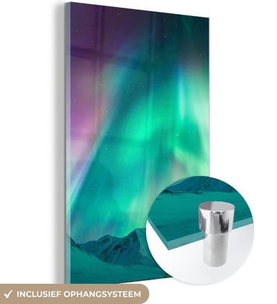 MuchoWow® Glasschilderij 120x180 cm - Schilderij acrylglas - Noorderlicht - Berg - Nacht - Foto op glas - Schilderijen
