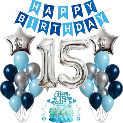 SnelShoppen - Versieringen voor 15e Verjaardag Jongeman Meisje - Luchtballon Decoratie Blauw Zilver - Feestdecoratie 15 Jaar - 31 Stuks - Inclusief Ba