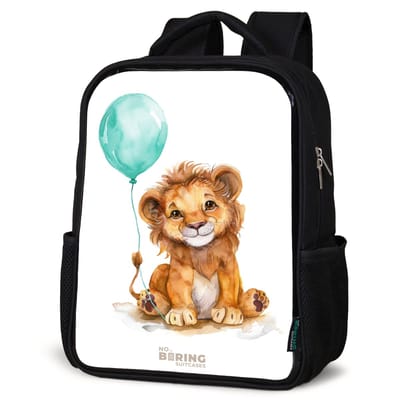 NoBoringSuitcases.com® - Rugzak zwart - Schooltas jongen & meisje - Leeuw met blauwe ballon - Rugtas voor school - Boekentas kind - Schoolrugzak - Kinderrugzak