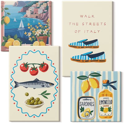 Wallfluent Set van canvas schilderijen - Italiaanse smaken en levensstijl in kleurrijke beelden Canvas Schilderijen Set - Set van 4 Canvas Schilderijen - Turkoois Set van Canvas Prints - Voedsel Canvas Kunst Set - Boheemse Canvas Kunst Set
