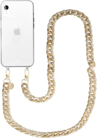 xoxo Wildhearts siliconen hoesje - Geschikt voor iPhone XR - Cream Latte - Telefoonhoesje - Hoesje met koord - Beige koord - lang telefoonkoord - Transparant hoesje (lange variant)