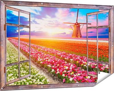 Gards Tuinposter Doorkijk Kleurrijke Bloemenveld met een Windmolen - 150x100 cm - Tuindoek - Tuindecoratie - Wanddecoratie buiten - Tuinschilderij