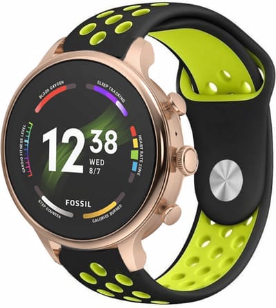 Strap-it Ademende Siliconen sport band 18mm - geschikt voor Fossil Gen 5e - 42mm / Gen 6 - 42mm - Huawei Watch GT 4 - 41mm - Withings ScanWatch 2 - 38mm / ScanWatch Light / Steel HR - 36mm - zwart/geel