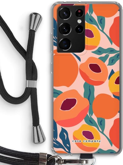 Case Company® - Hoesje met koord geschikt voor Samsung Galaxy S21 Ultra hoesje met Koord - Perzik - Telefoonhoesje met Zwart Koord - Bescherming aan alle Kanten en Over de Schermrand