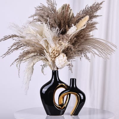 Zwart en goud holle keramische vazen ​​set van 2, moderne Scandinavische boho esthetische decoratieve vazen ​​voor huisdecoratie, bruiloft, woonkamer, slaapkamer, eettafel, plank, kantoordecoratie