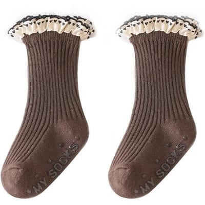 Herfst Baby Meisjes Sokken Gekamd Katoen Hart Kant Prinsessok Pasgeboren Anti-Slip Vloersokken Peuter Baby Accessoires 0-3J 5 to 8 year koffie