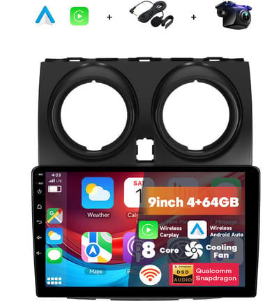 Boscer 2 Din Autoradio - Geschikt voor Nissan Qashqai (2006-2016) - Draadloos Apple CarPlay & Android Auto - 8-Core Snapdragon - 9 Inch HD Touchscreen - 4+64GB - Interne Koeling - GPS - WiFi, Bluetooth & USB - Achteruitrijcamera & Microfoon