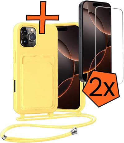 Hoesje Geschikt voor iPhone 16 Pro Hoesje Met Telefoonketting Pasjeshouder Case Met 2x Screenprotector Koord - Hoesje Geschikt voor iPhone 16 Pro Hoes Met Kaarthouder - Geel