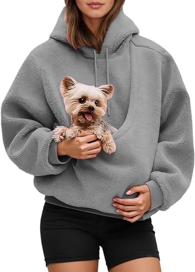 Dames Pet Pouch Hoodies - Oversized Fleece Sweatshirt - Puppy Kitten Kattenhouder Draagtassen Hoodies - Kangoeroezak - Hoodies met zakje voor huisdieren - 1 stuk - Grijs(L)