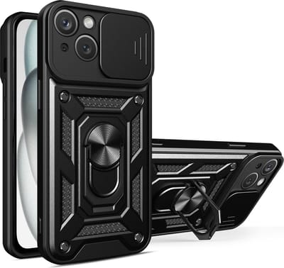 Hoesje geschikt voor iPhone 15 met Ringhouder en Camera schuifje – Zwart