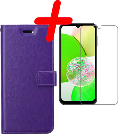 Hoesje Met Screenprotector - Geschikt voor Samsung Galaxy A14 - Luxe Pasjeshouder - Bookcase Portemonee - Flip Case - Kunstleer Book Case - Flipcase - Book Cover - Walletcase - Portemonneehoes - Paars
