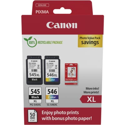 Canon Inktcartridge PG-545XL / CL-546XL + 50 sheets Zwart + 3 kleuren Multipack Hoge capaciteit