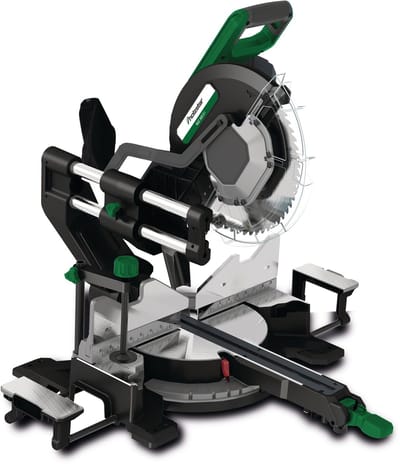 Plintenzaag afkortzaag verstekzaag zaagblad 305 mm 2 kW 230V trekfunctie LED projectie incl. cirkelzaagblad Holzstar KGZ305E I