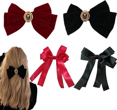 Set van 4 Grote Haarstrikken - Rood en Zwart Velvet & Satijn Haaraccessoires voor Dames en Meisjes