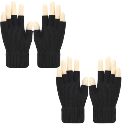 Dailygoods- Gebreide Handschoenen - 2 Paar - Zwarte Winterhandschoenen - Elastische Handschoenen - Geschikt voor Fietsen/Skiën - Maat 10 x 14 cm