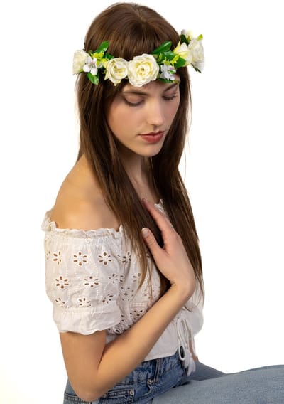 KIMU® Glitter Bloemenkrans Haar Rozenkrans Wit - Witte Bloemen Haarband Diadeem - Ibiza Rozen Bloemetjes - Bloemenmeisje Bruiloft Festival