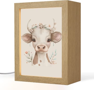 Nachtlampje 15x20 cm - Kinder lampje - Koe - Bohemian - Kalfje - Bloemen - Tafellamp kinderkamer - Slaapkamer lamp - Bedlamp kinderen - Kinderlampje stopcontact - Wandlamp babykamer - Nachtlampjes