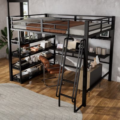 DESMIU Hoogslaper 140x200cm Met Matras Zonder Matras Met Meerdere Planken En Veel Opbergruimte Met Oplaadpunt En Viertraps Schuine Ladder Voor Jeugd En Slaapkamer Van Metaal En Hout Zwart