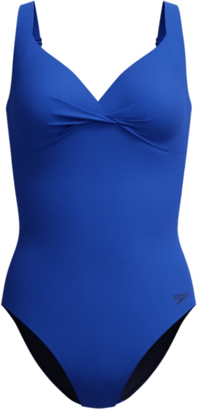 Speedo Shaping Cross Knot 1 Piece Dames Sportbadpak - Corrigerend Badpak Dames - Zwempak Dames met Uitneembare Cups - Sportbadpak Dames met Hartvormige Halslijn en Verstelbare Bandjes - Blauw - 50