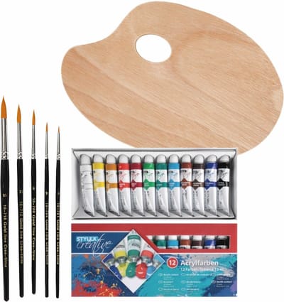 Hobby/knutsel schilderen set van 12 kleuren acryl verf met houten palet en 5 verfkwasten