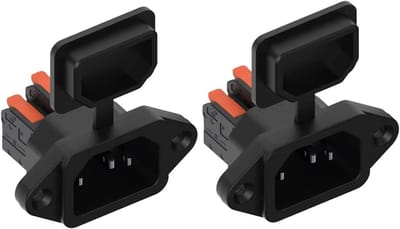 Pack van 2 C14 3-Pole Flush voor Koelapparatuur, Waterdichte Dop, 10 A 250 V, Zwart, Geschikt voor Koelkasten en Vriezers