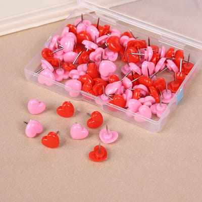 *** Punaises 'Hartje' voor prikbord of memobord - 100 pushpins in opbergdoos - rood en roze - 100 stuks in rood en roze ***